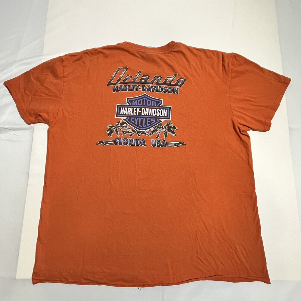 Vintage Harley Davidson Mens Orlando FL Biker Shield Orange Thrashed T-Shirt 2XL